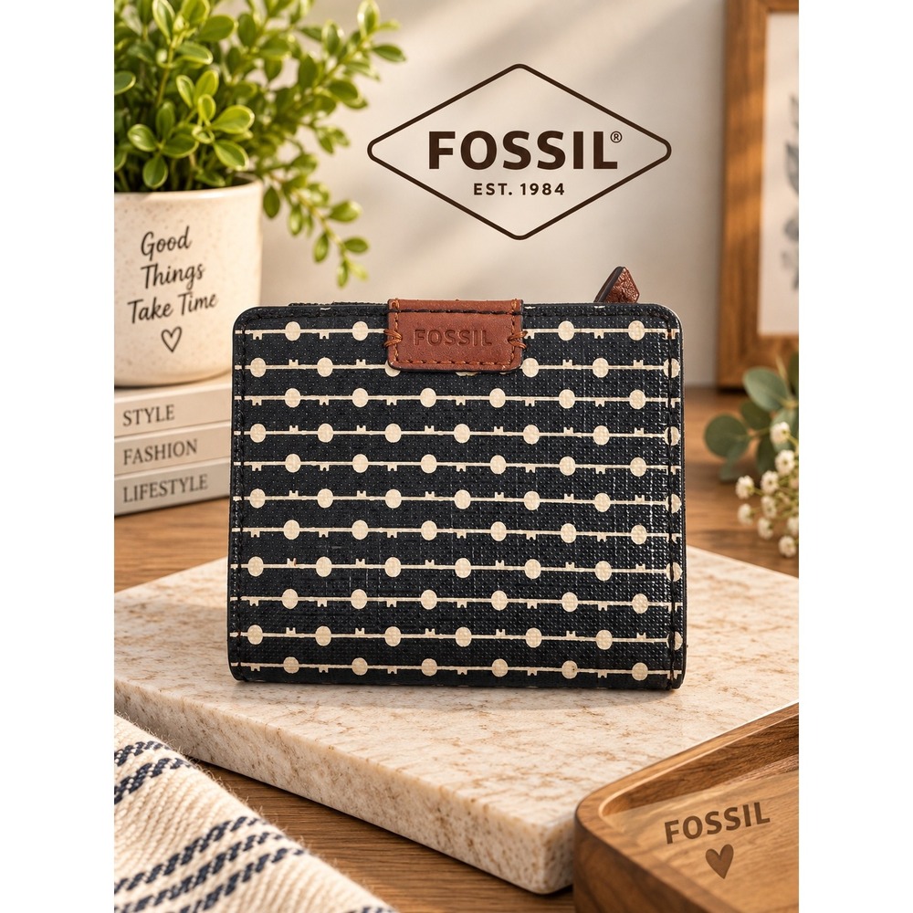 Fossil Bifold Wallet Black White Geometric Dot Pattern Zip Coin Pocket Mini